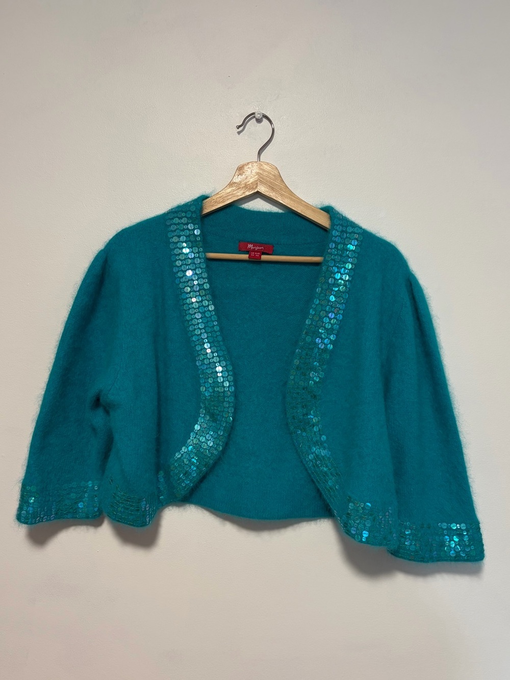 Y2K Blue Lambswool Angora Blend Sequin Embellished Cropped Cardigan Bolero Shrug